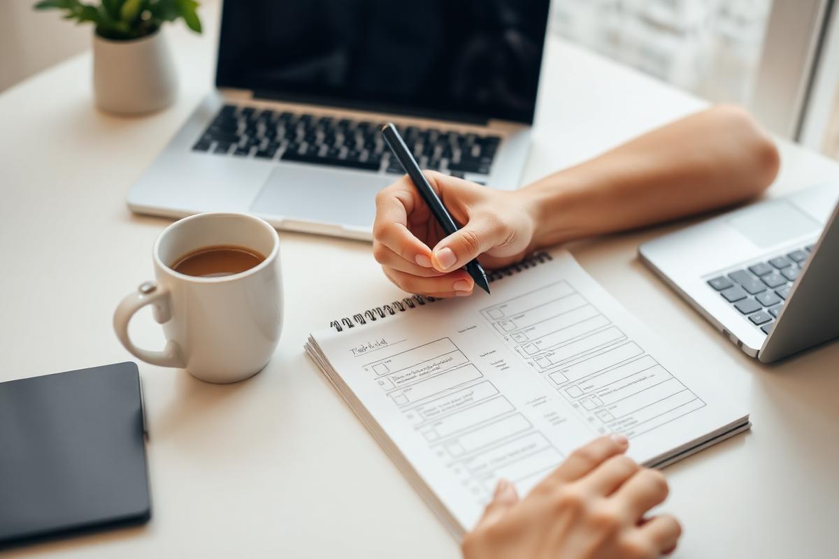 An adult writing a practical planning checklist at a bright desk