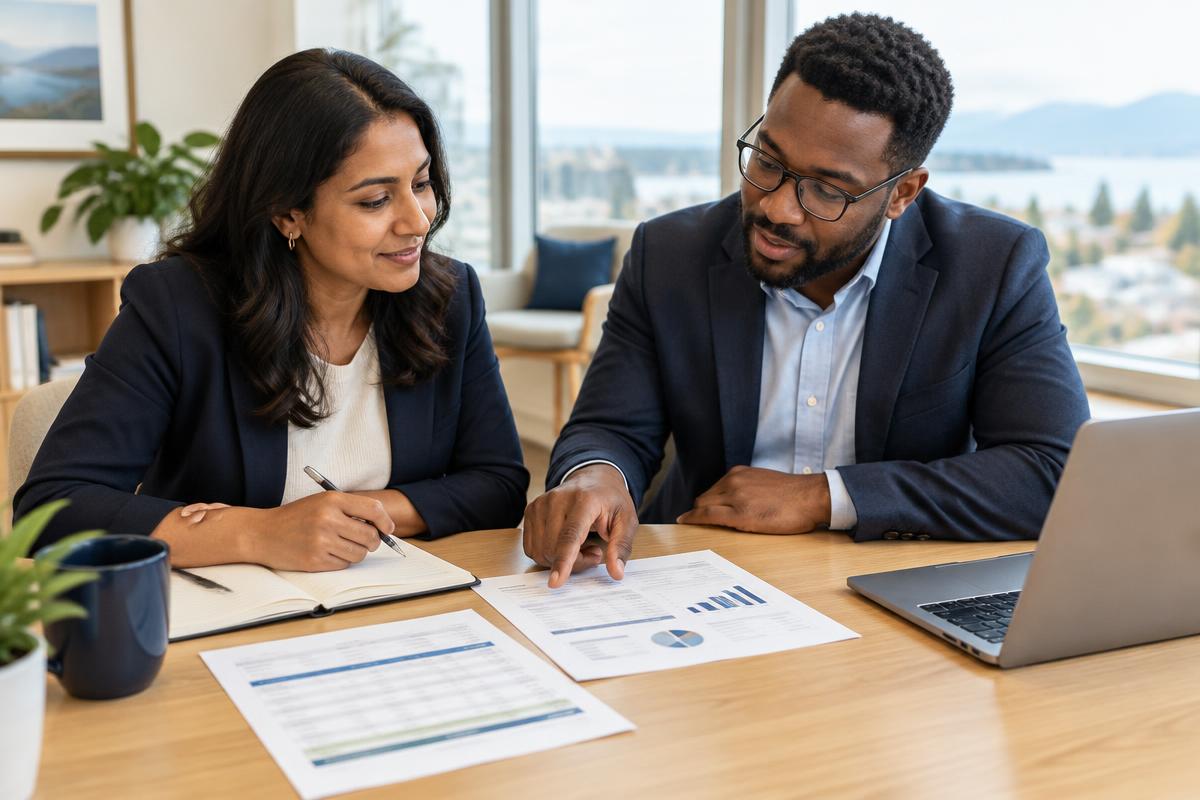 Two professionals reviewing a printed household budget and financial plan at a bright desk