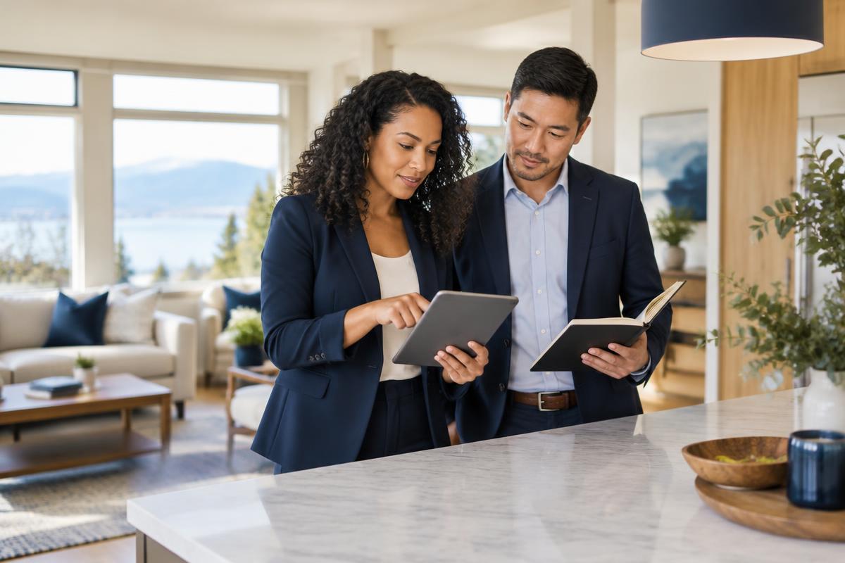 Two professionals reviewing property listings on a tablet in a bright modern home