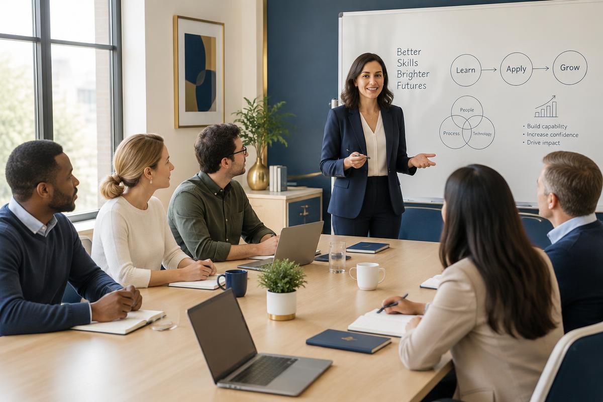 Adult professionals seated around a table during a training workshop with a presenter at a whiteboard