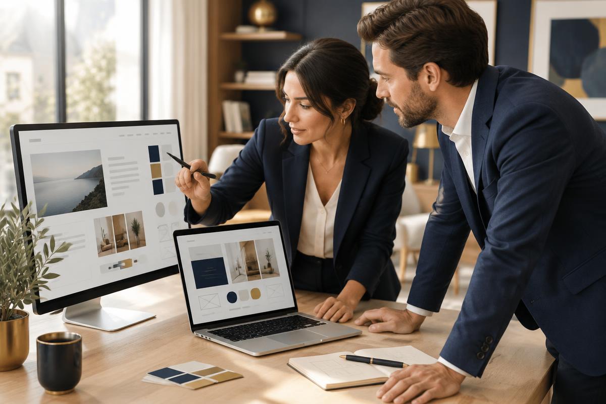 Two professionals reviewing website layouts on a desktop monitor and laptop in a bright studio